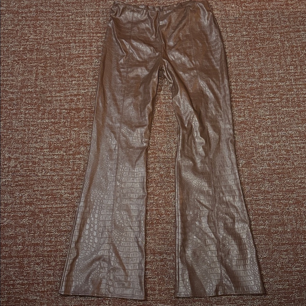 Brown Faux leather croc embossed pant flare leg  animal print mid rise trouser